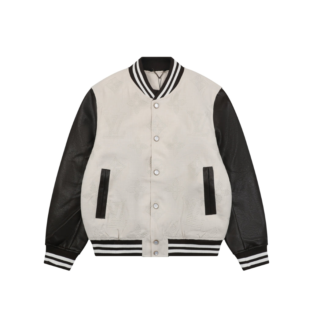 LV Tonal Monogram Contrast-Sleeve Varsity Jacket