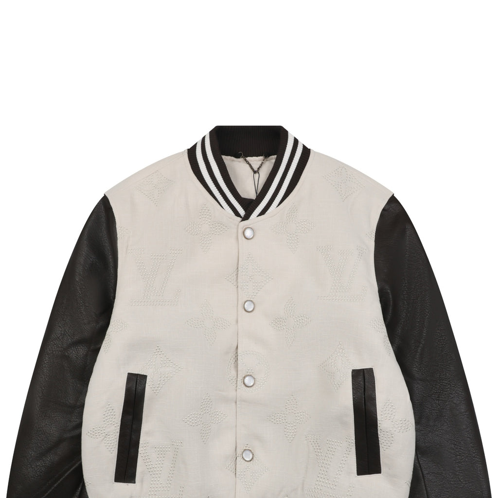 LV Tonal Monogram Contrast-Sleeve Varsity Jacket
