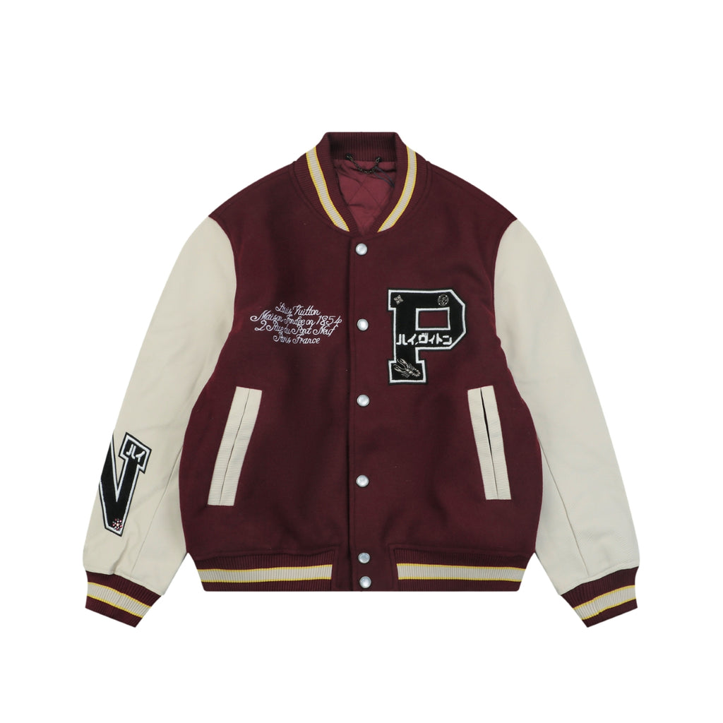 LV P Letter Portrait Varsity Jacket in Burgundy and Cream