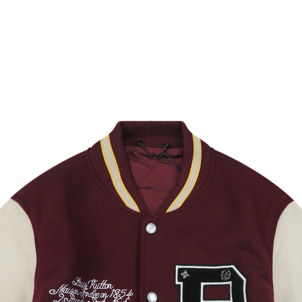 LV P Letter Portrait Varsity Jacket in Burgundy and Cream