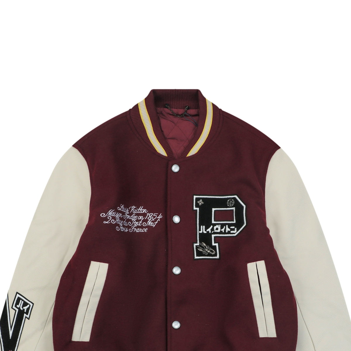 LV P Letter Portrait Varsity Jacket in Burgundy and Cream