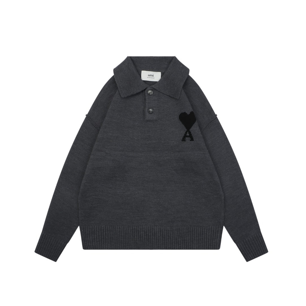 AMI 25FW Heart Emblem Polo Sweater in Charcoal