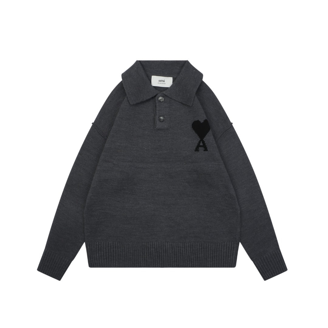 AMI 25FW Heart Emblem Polo Sweater in Charcoal