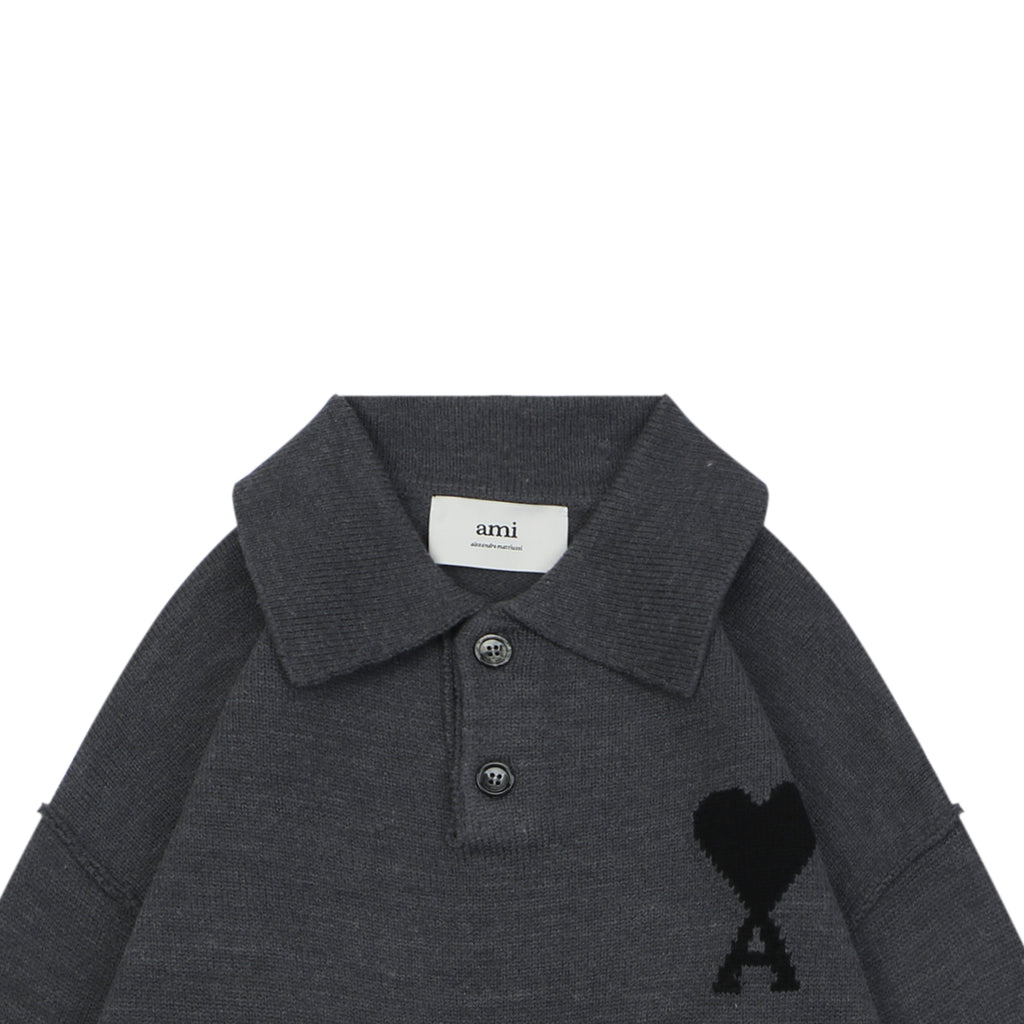 AMI 25FW Heart Emblem Polo Sweater in Charcoal