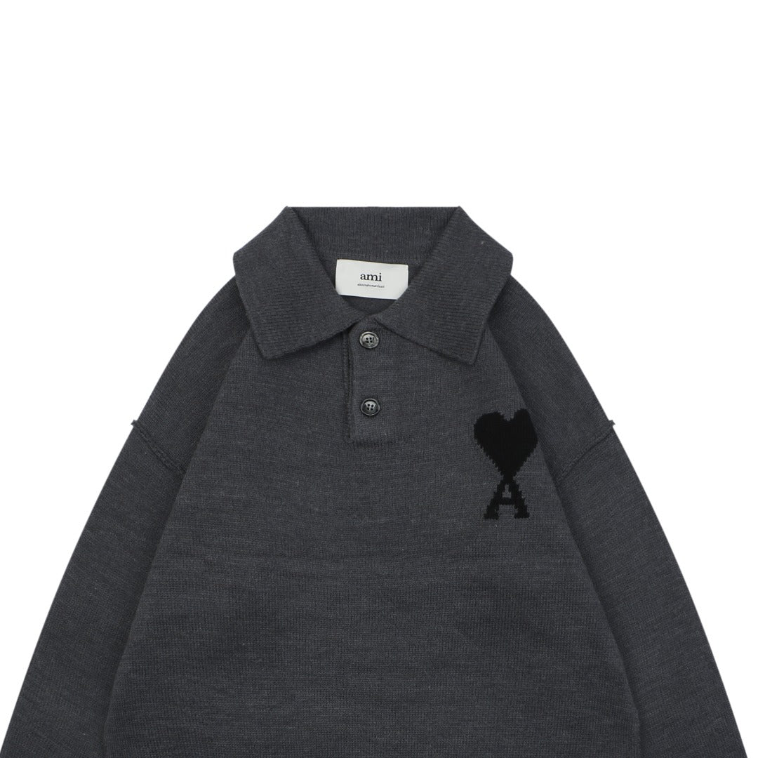 AMI 25FW Heart Emblem Polo Sweater in Charcoal