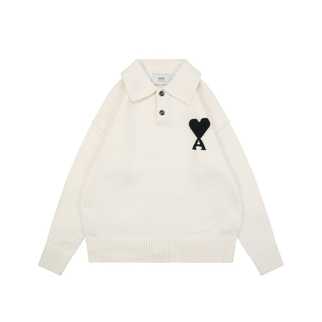 AMI 25FW Heart Emblem Polo Sweater in Cream