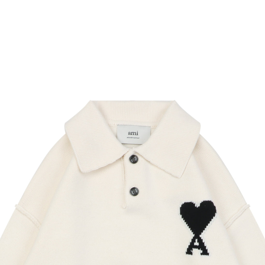 AMI 25FW Heart Emblem Polo Sweater in Cream
