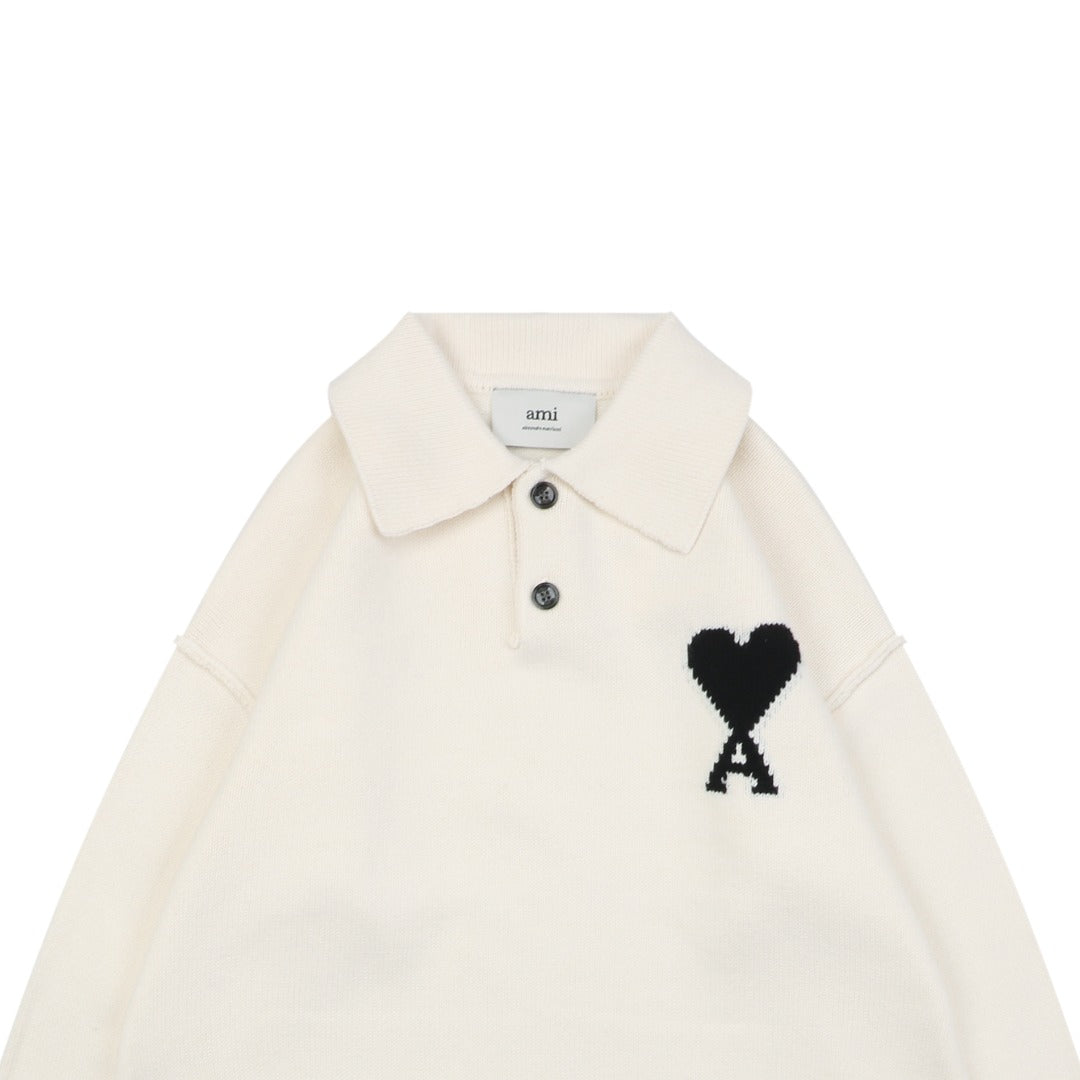 AMI 25FW Heart Emblem Polo Sweater in Cream