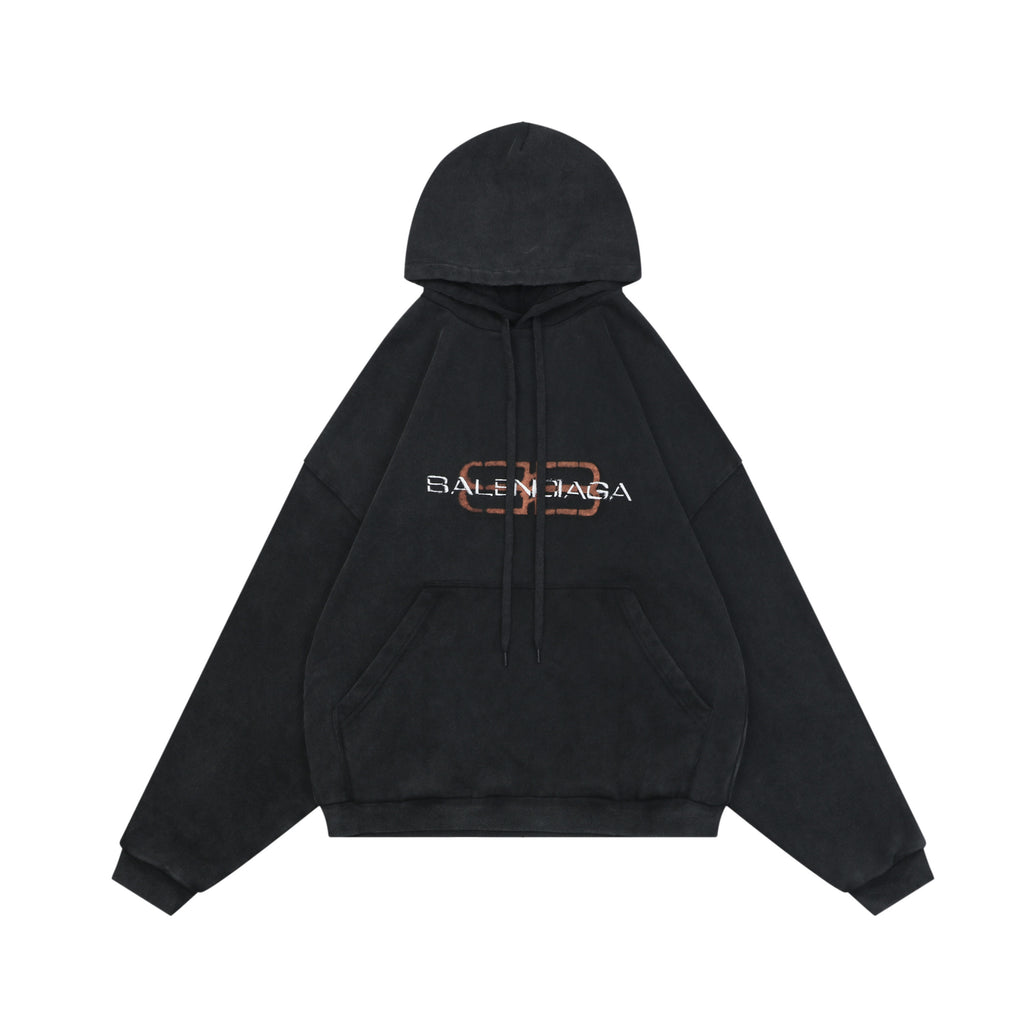 Balenciaga Distressed Mud-Dye Double-B Graphic Hoodie in Black