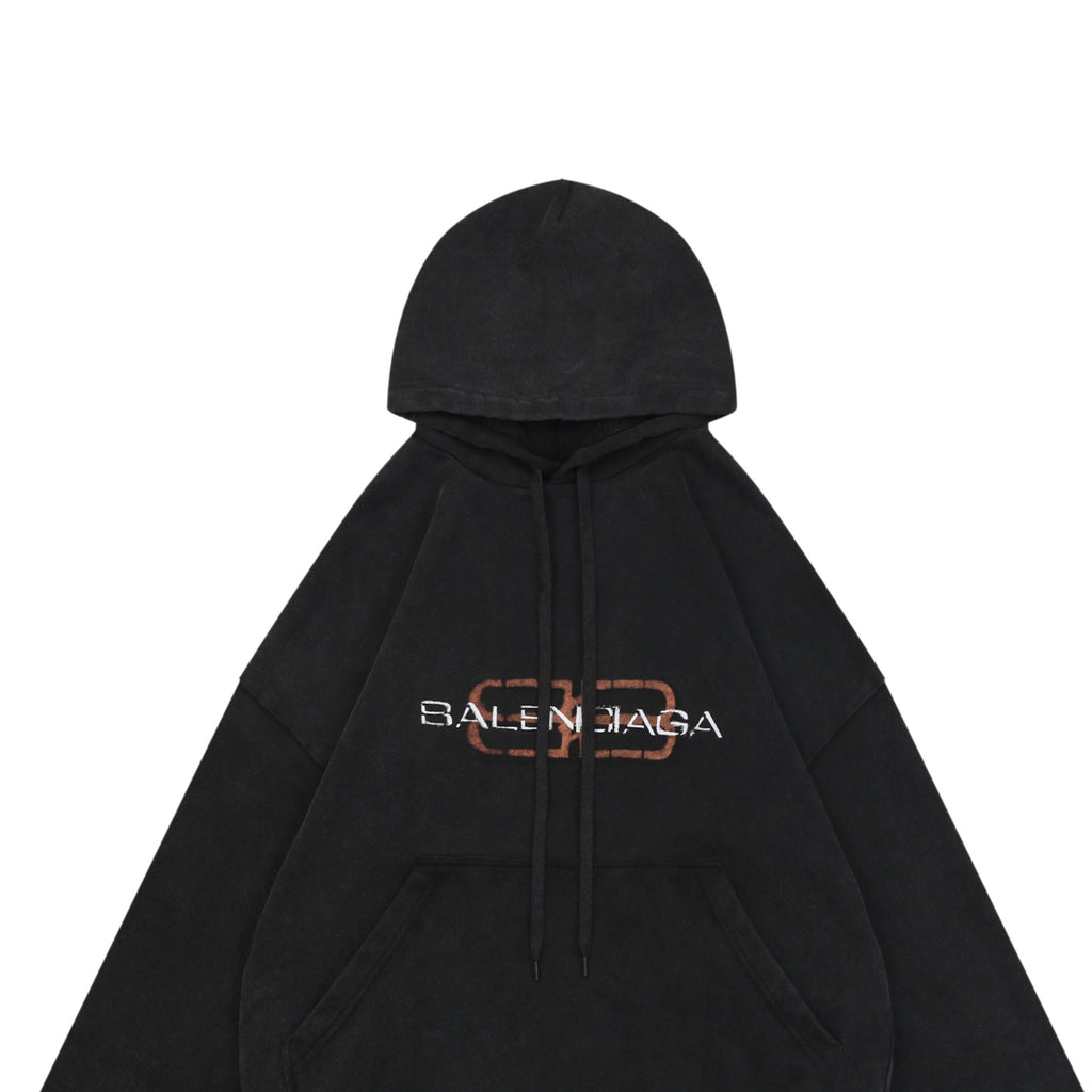 Balenciaga Distressed Mud-Dye Double-B Graphic Hoodie in Black