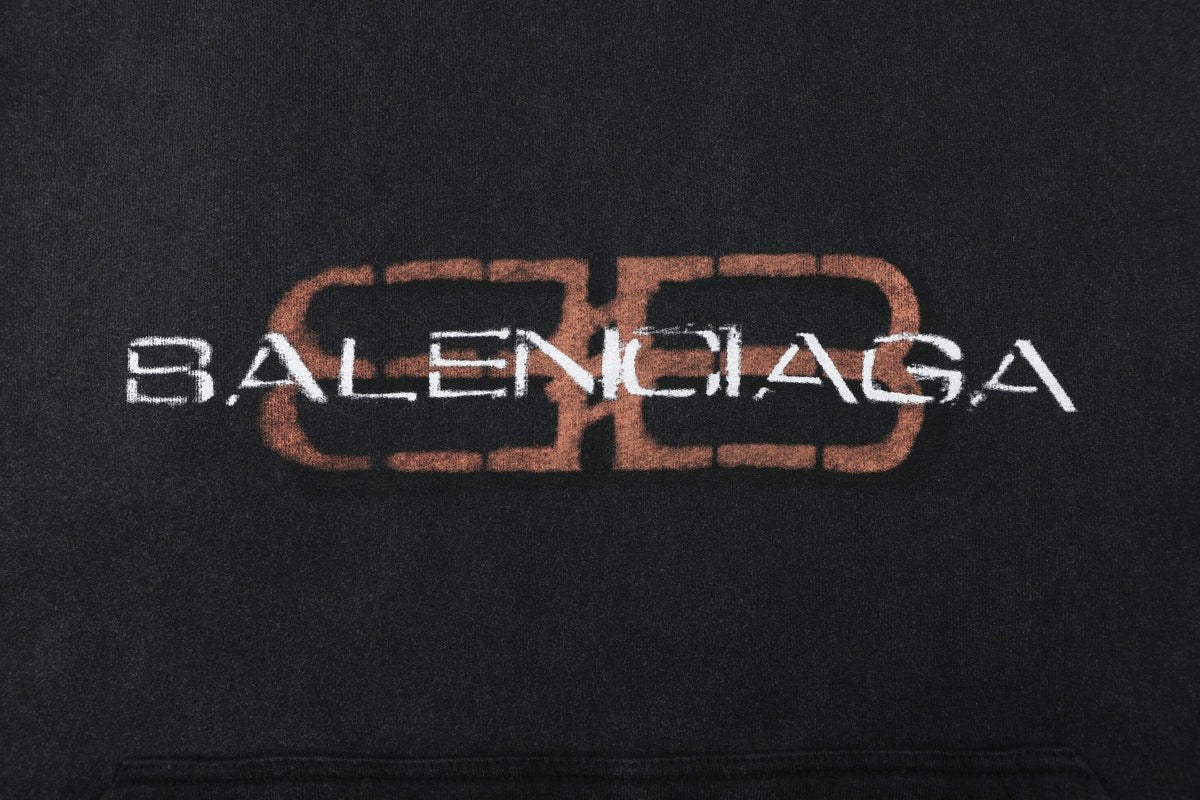 Balenciaga Distressed Mud-Dye Double-B Graphic Hoodie in Black