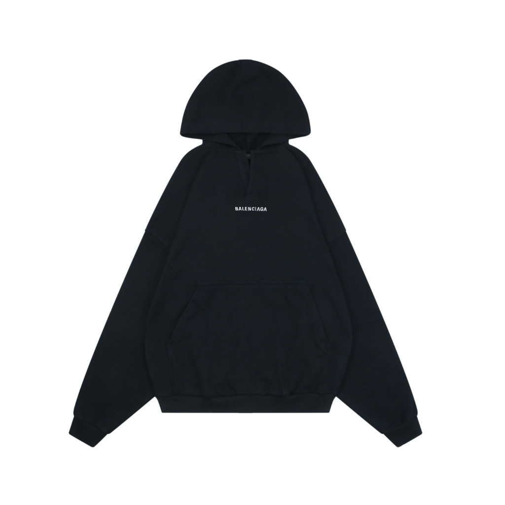 Balenciaga V-Neck Small-Front Large-Back Logo Hoodie in Black