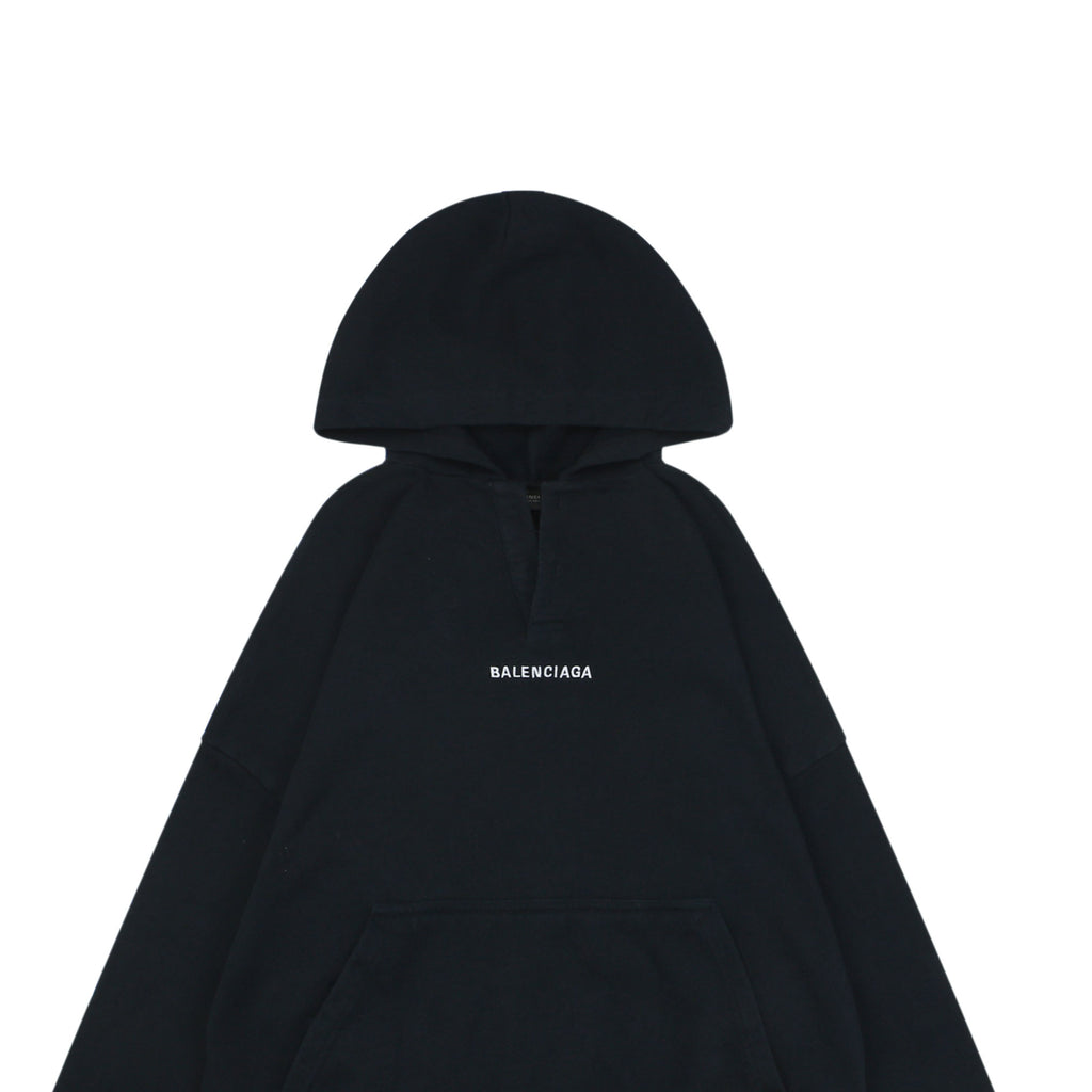 Balenciaga V-Neck Small-Front Large-Back Logo Hoodie in Black