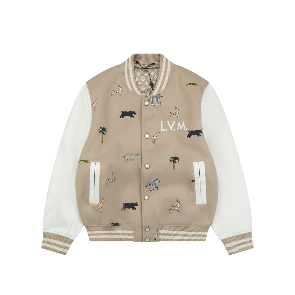 LV Animal Embroidered Contrast-Sleeve Varsity Jacket in Beige