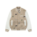 LV Animal Embroidered Contrast-Sleeve Varsity Jacket in Beige
