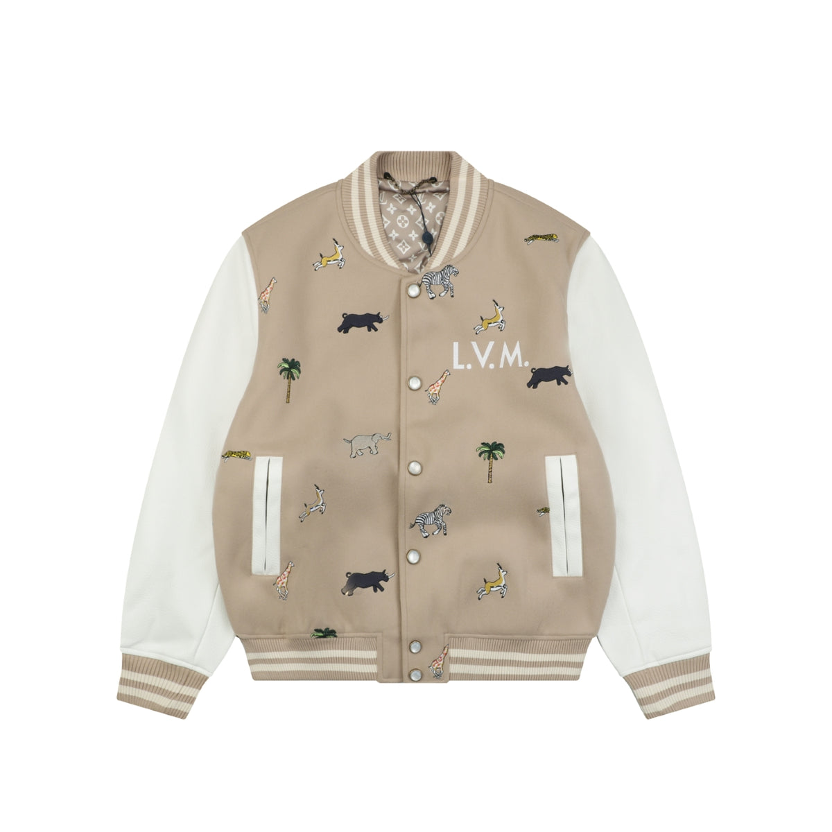 LV Animal Embroidered Contrast-Sleeve Varsity Jacket in Beige
