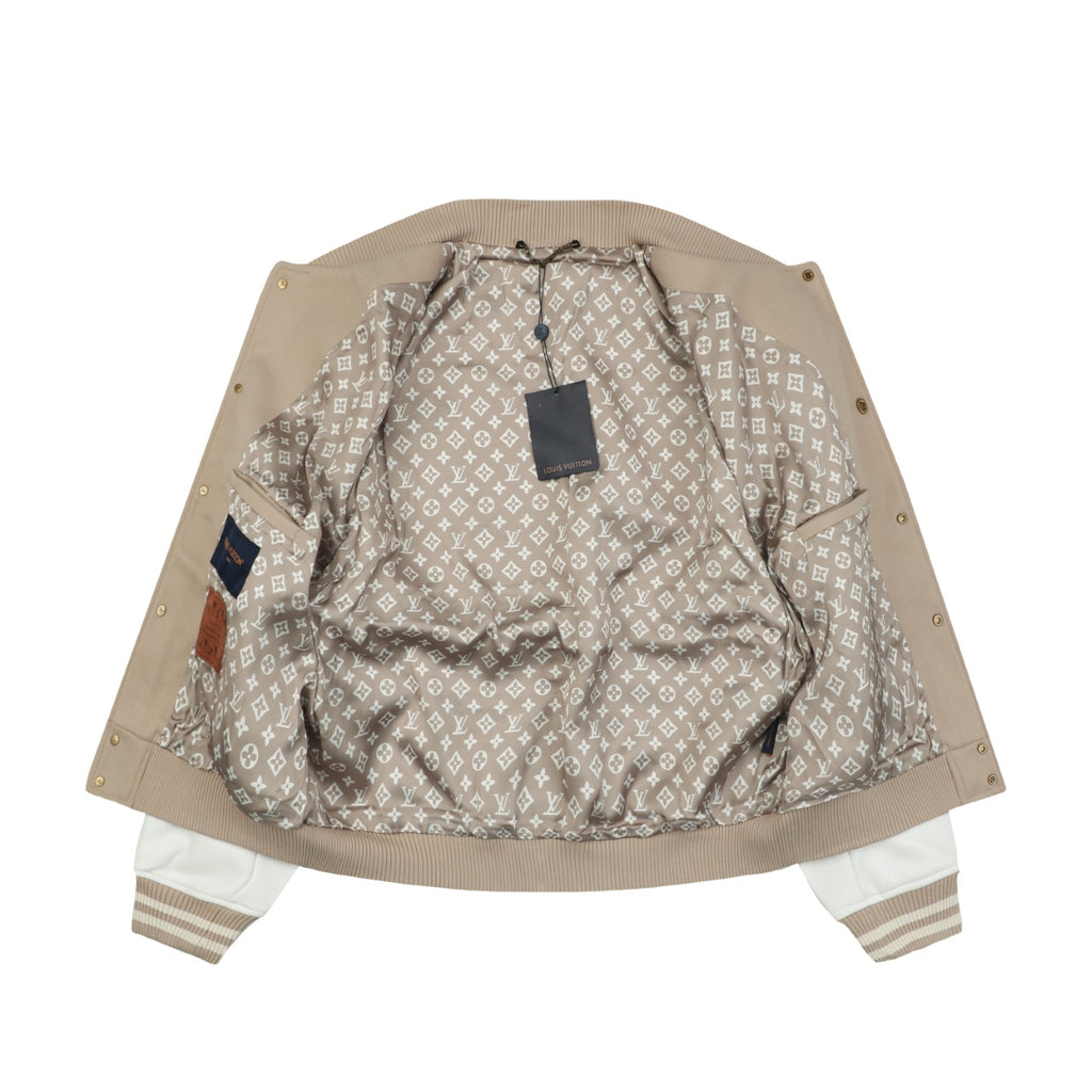 LV Animal Embroidered Contrast-Sleeve Varsity Jacket in Beige