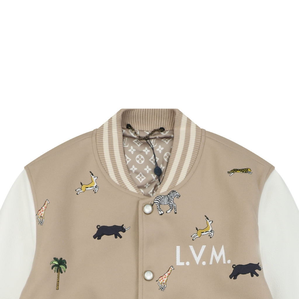 LV Animal Embroidered Contrast-Sleeve Varsity Jacket in Beige