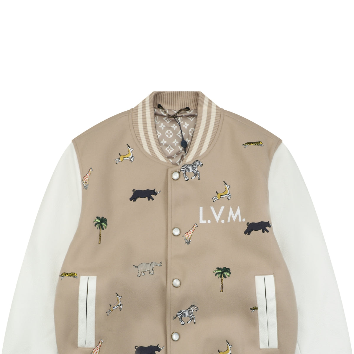 LV Animal Embroidered Contrast-Sleeve Varsity Jacket in Beige