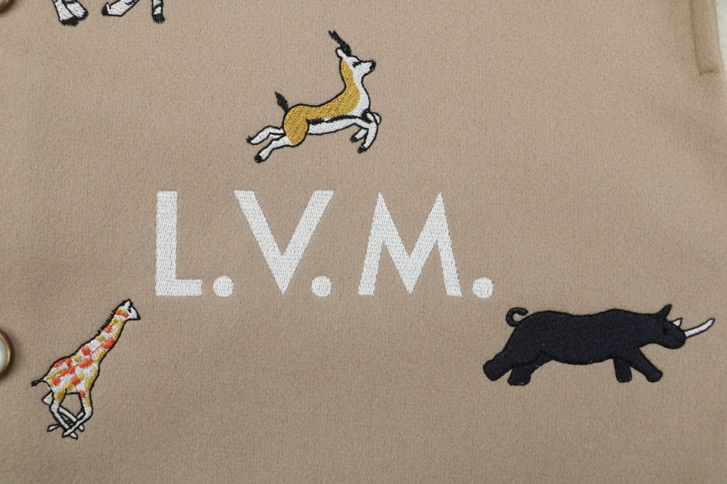 LV Animal Embroidered Contrast-Sleeve Varsity Jacket in Beige