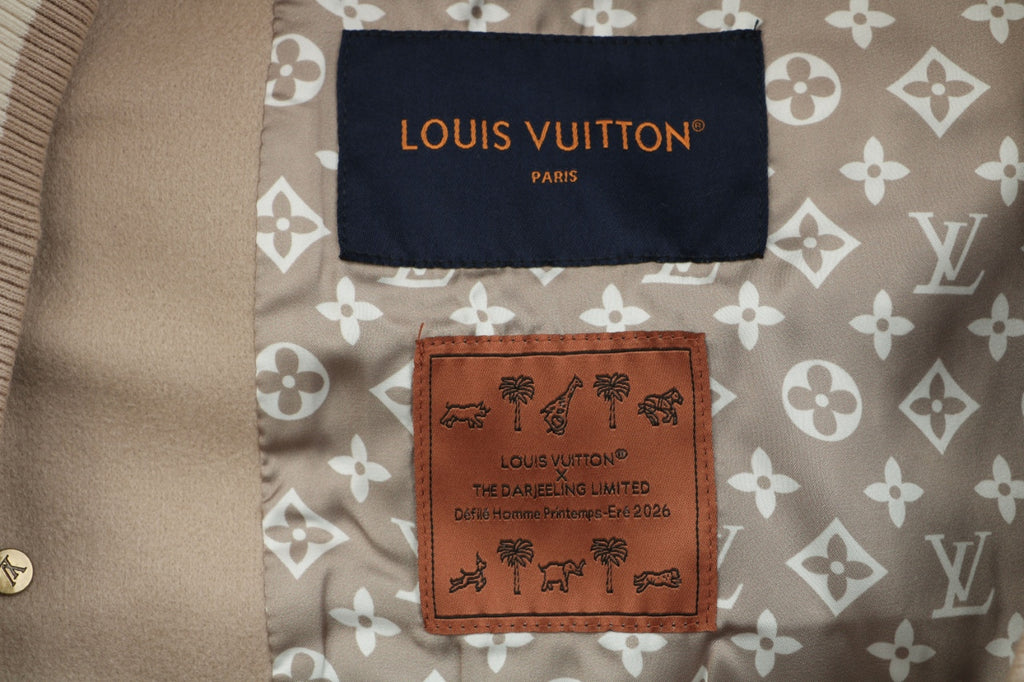 LV Animal Embroidered Contrast-Sleeve Varsity Jacket in Beige