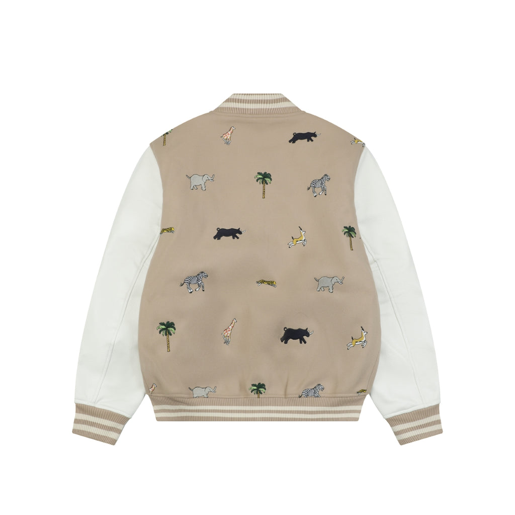 LV Animal Embroidered Contrast-Sleeve Varsity Jacket in Beige