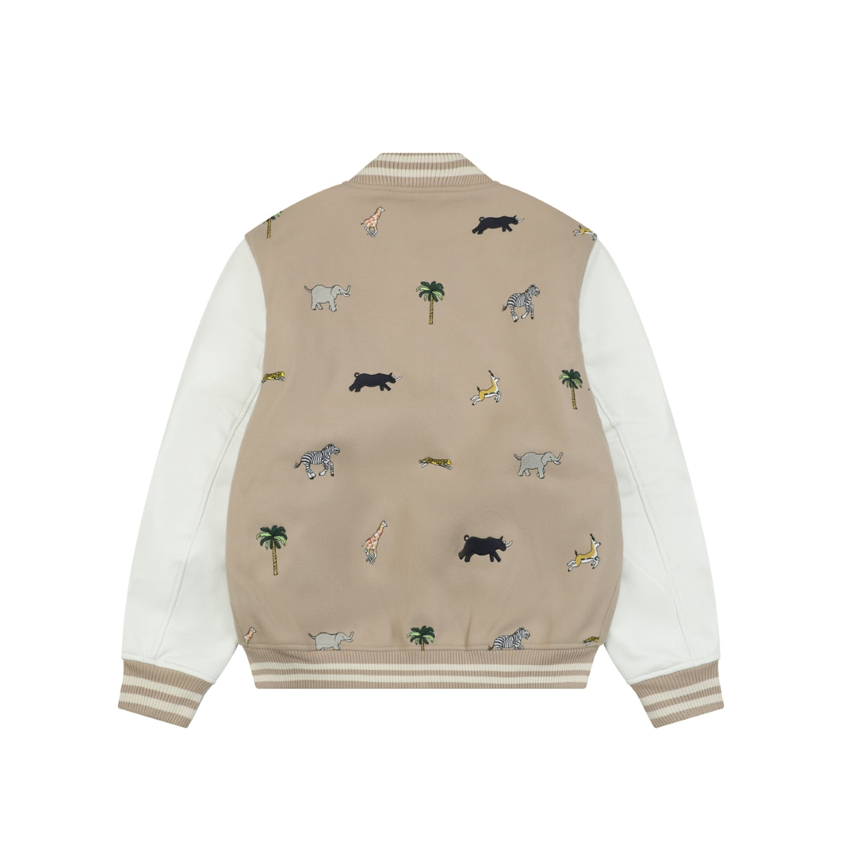 LV Animal Embroidered Contrast-Sleeve Varsity Jacket in Beige