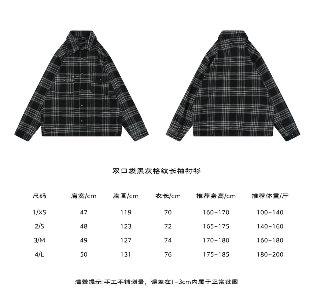Black and gray two-pocket plaid long-sleeve shirt front and back with 1 XS to 4 L size chart