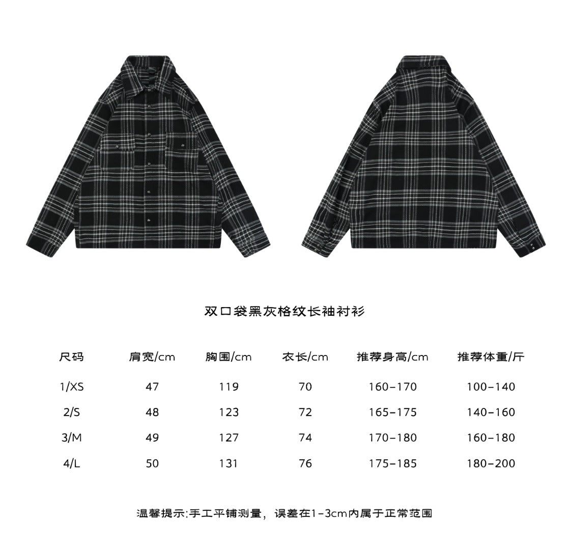Black and gray two-pocket plaid long-sleeve shirt front and back with 1 XS to 4 L size chart