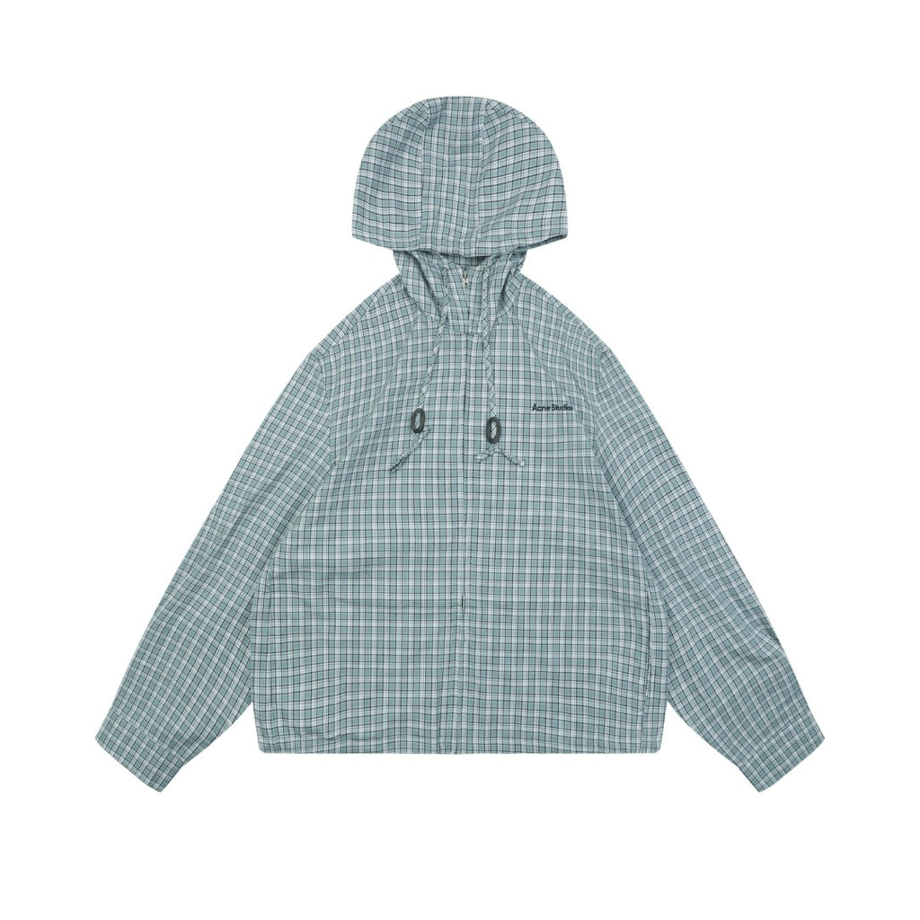 Acne Studios Fine-Check Hooded Jacket in Blue-Gray