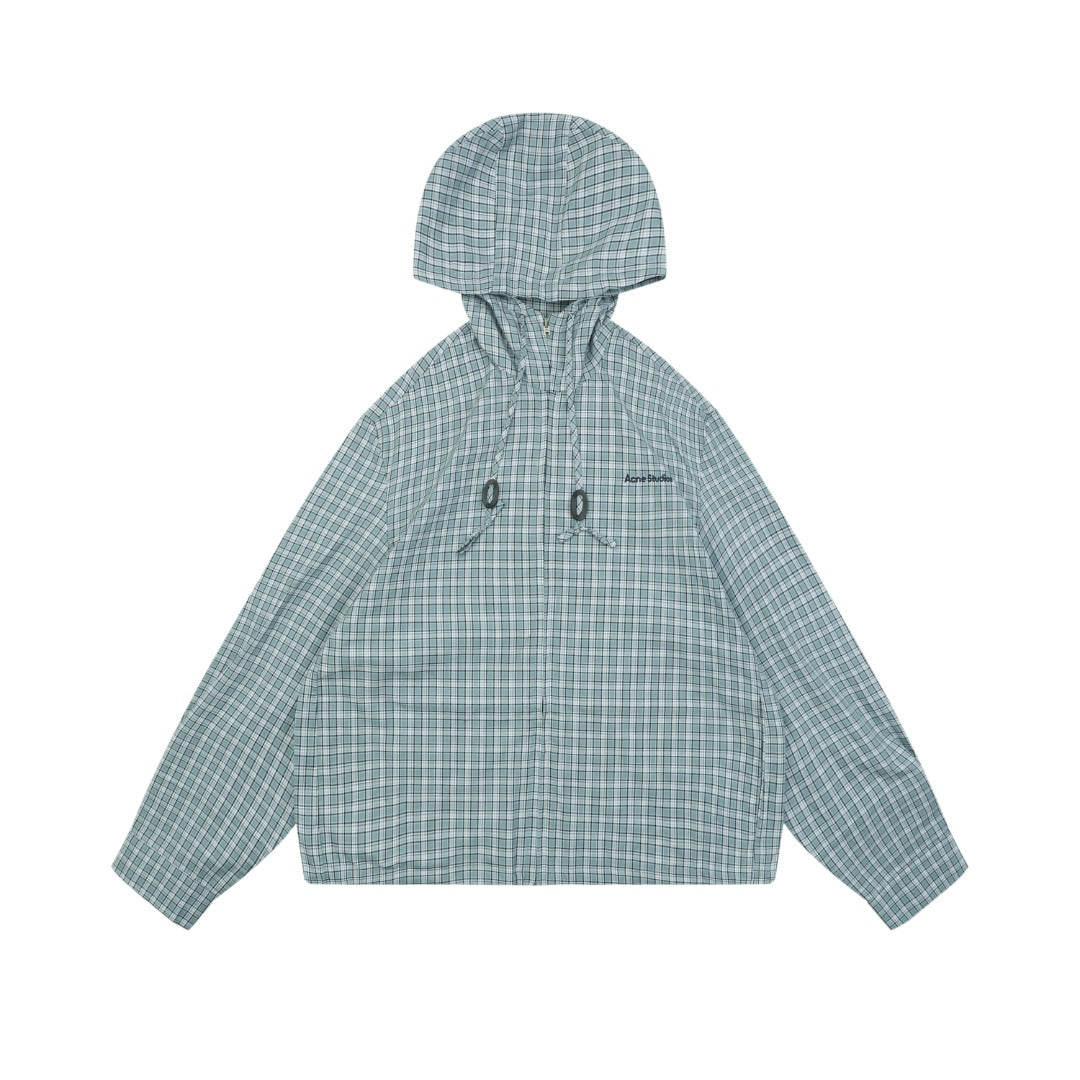 Acne Studios Fine-Check Hooded Jacket in Blue-Gray