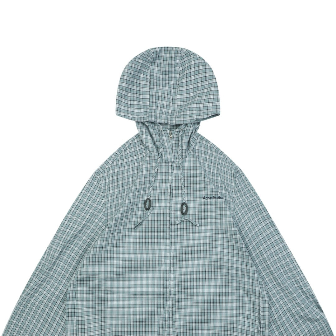 Acne Studios Fine-Check Hooded Jacket in Blue-Gray