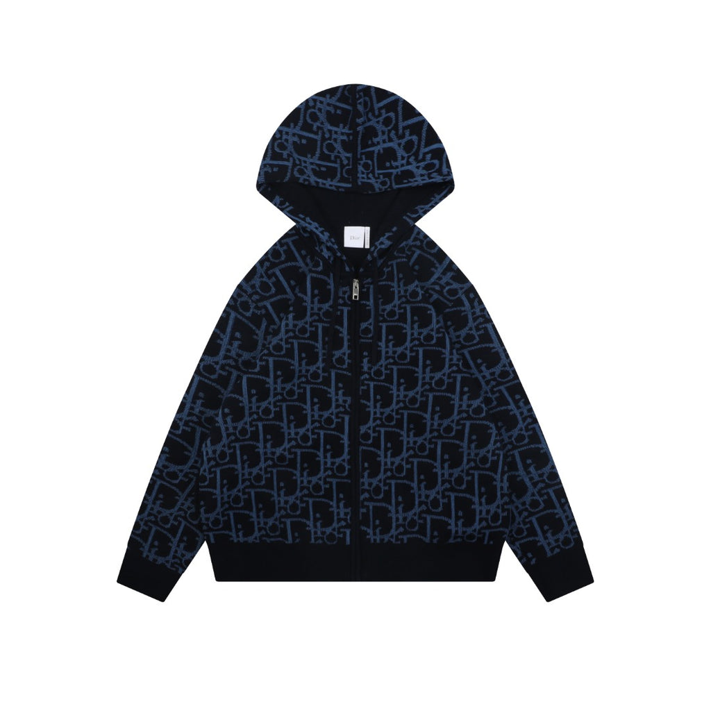 Dior All-Over Monogram Zip-Up Hooded Knit Jacket - Navy and Black
