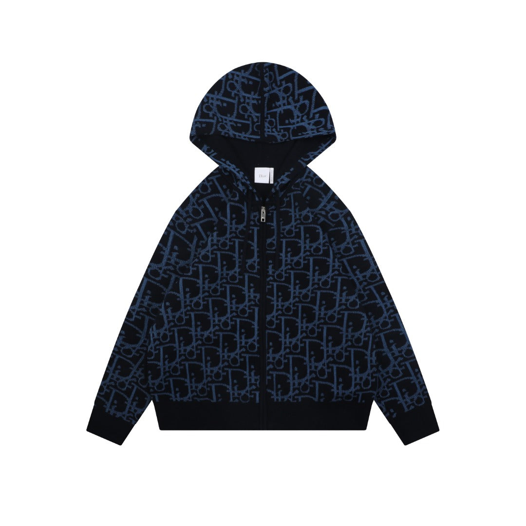 Dior All-Over Monogram Zip-Up Hooded Knit Jacket - Navy and Black