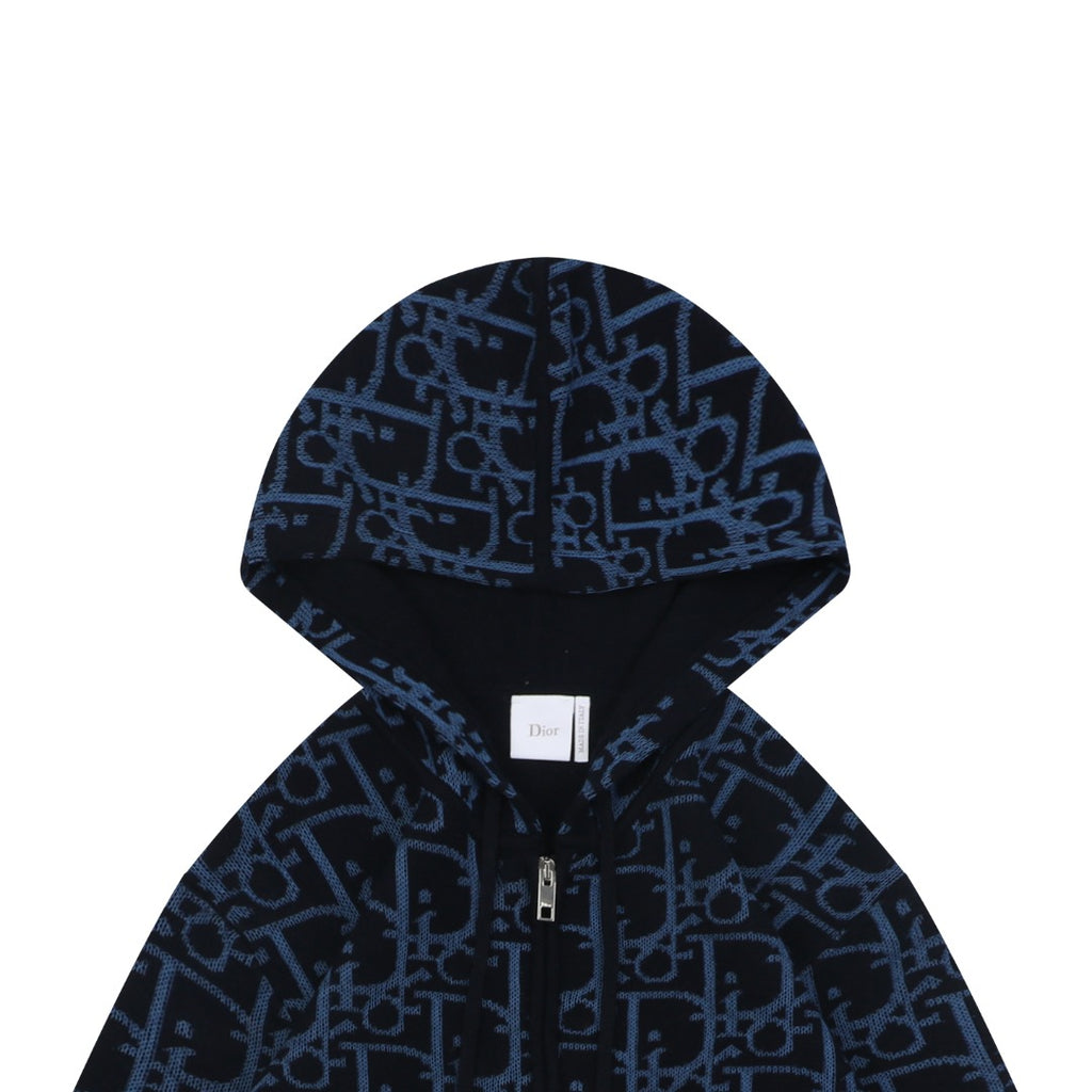 Dior All-Over Monogram Zip-Up Hooded Knit Jacket - Navy and Black