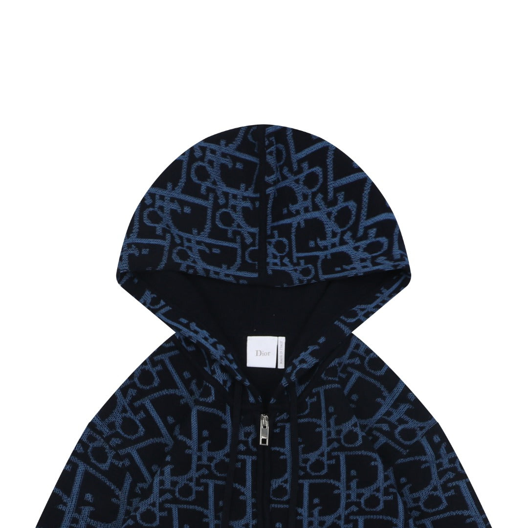 Dior All-Over Monogram Zip-Up Hooded Knit Jacket - Navy and Black