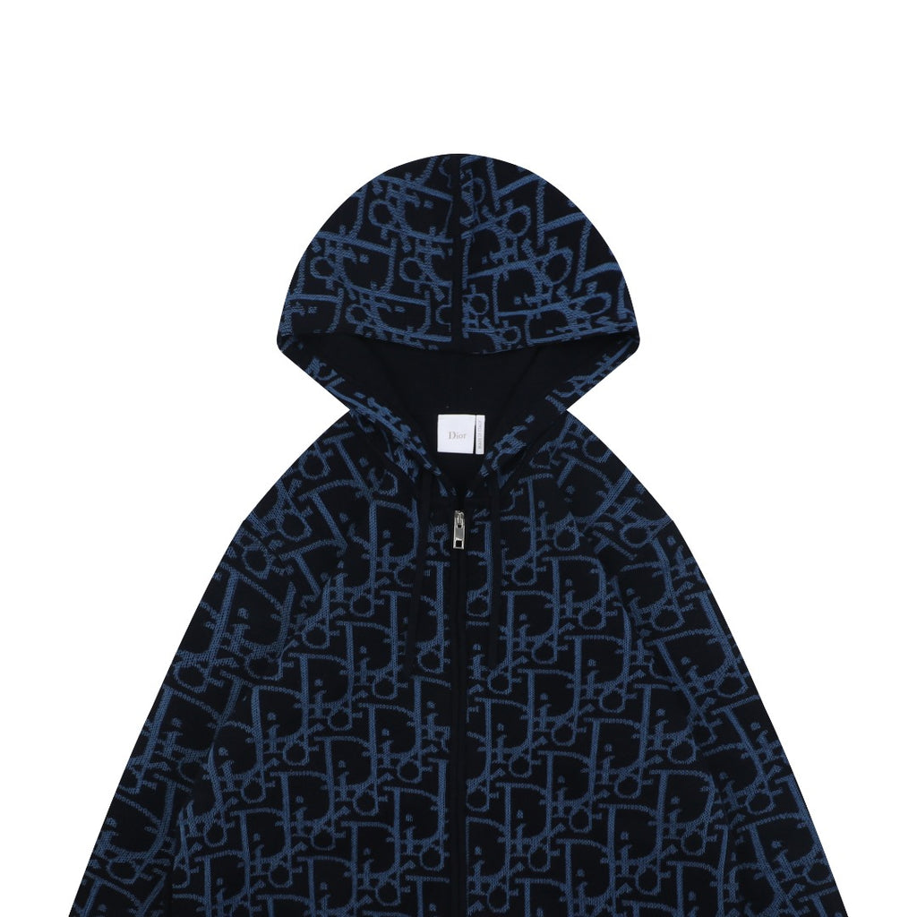 Dior All-Over Monogram Zip-Up Hooded Knit Jacket - Navy and Black