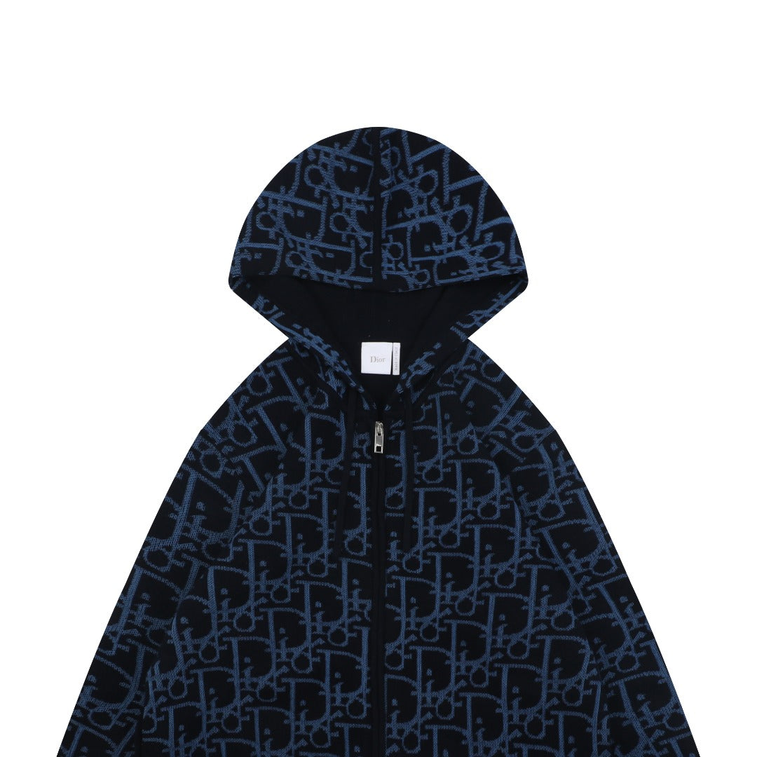 Dior All-Over Monogram Zip-Up Hooded Knit Jacket - Navy and Black