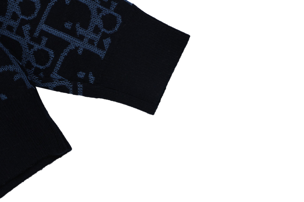 Dior All-Over Monogram Zip-Up Hooded Knit Jacket - Navy and Black