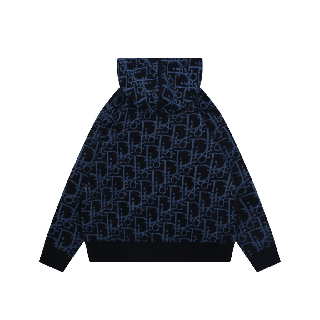 Dior All-Over Monogram Zip-Up Hooded Knit Jacket - Navy and Black