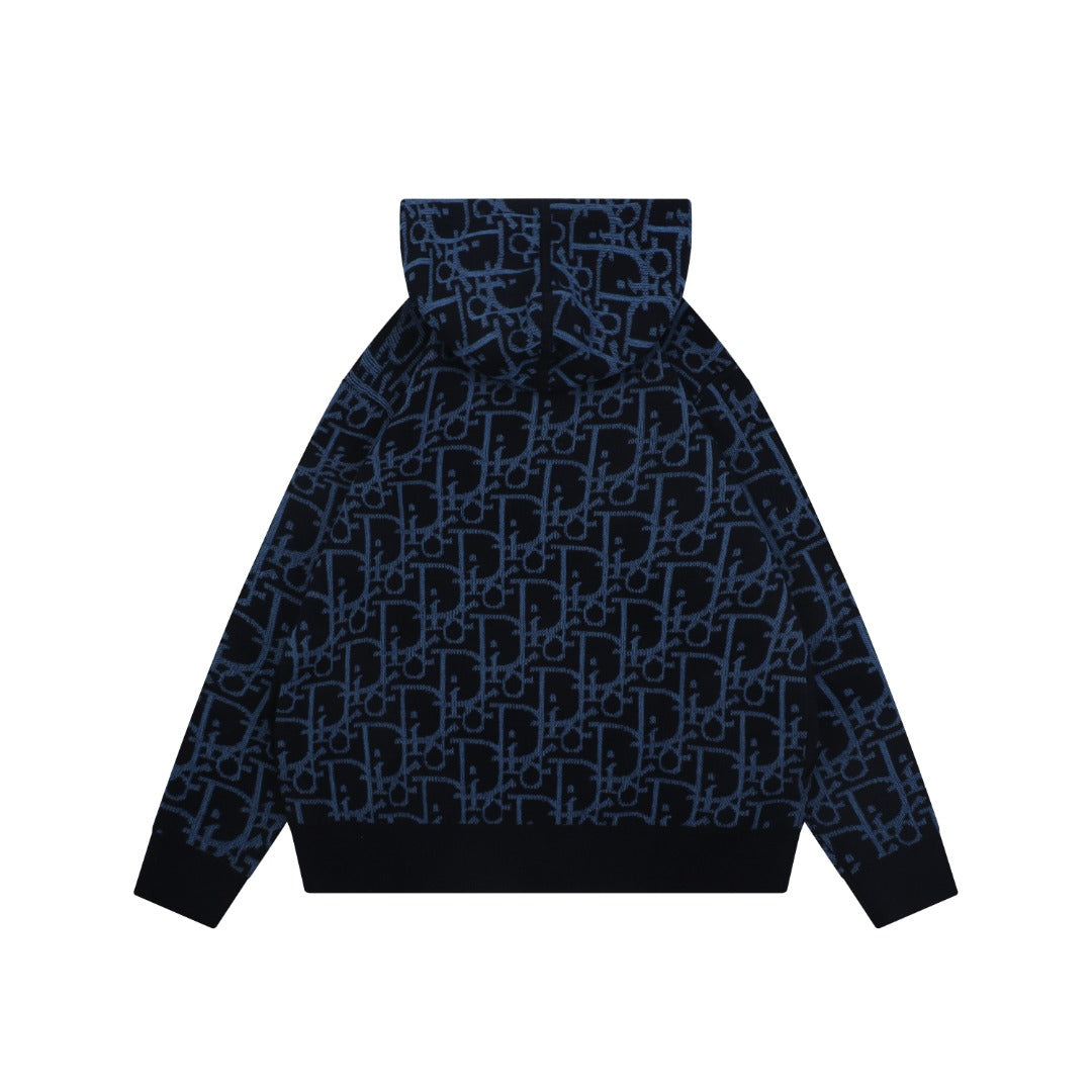 Dior All-Over Monogram Zip-Up Hooded Knit Jacket - Navy and Black
