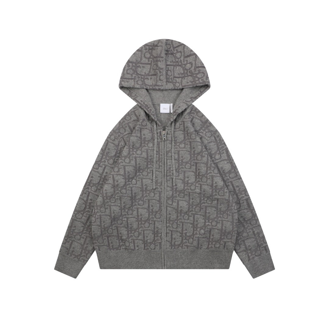 Dior All-Over Monogram Zip-Up Hooded Knit Jacket - Gray