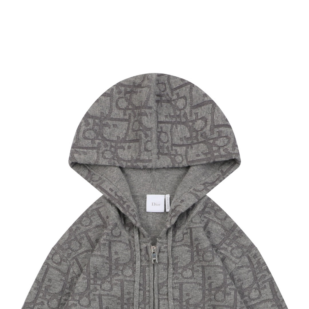 Dior All-Over Monogram Zip-Up Hooded Knit Jacket - Gray