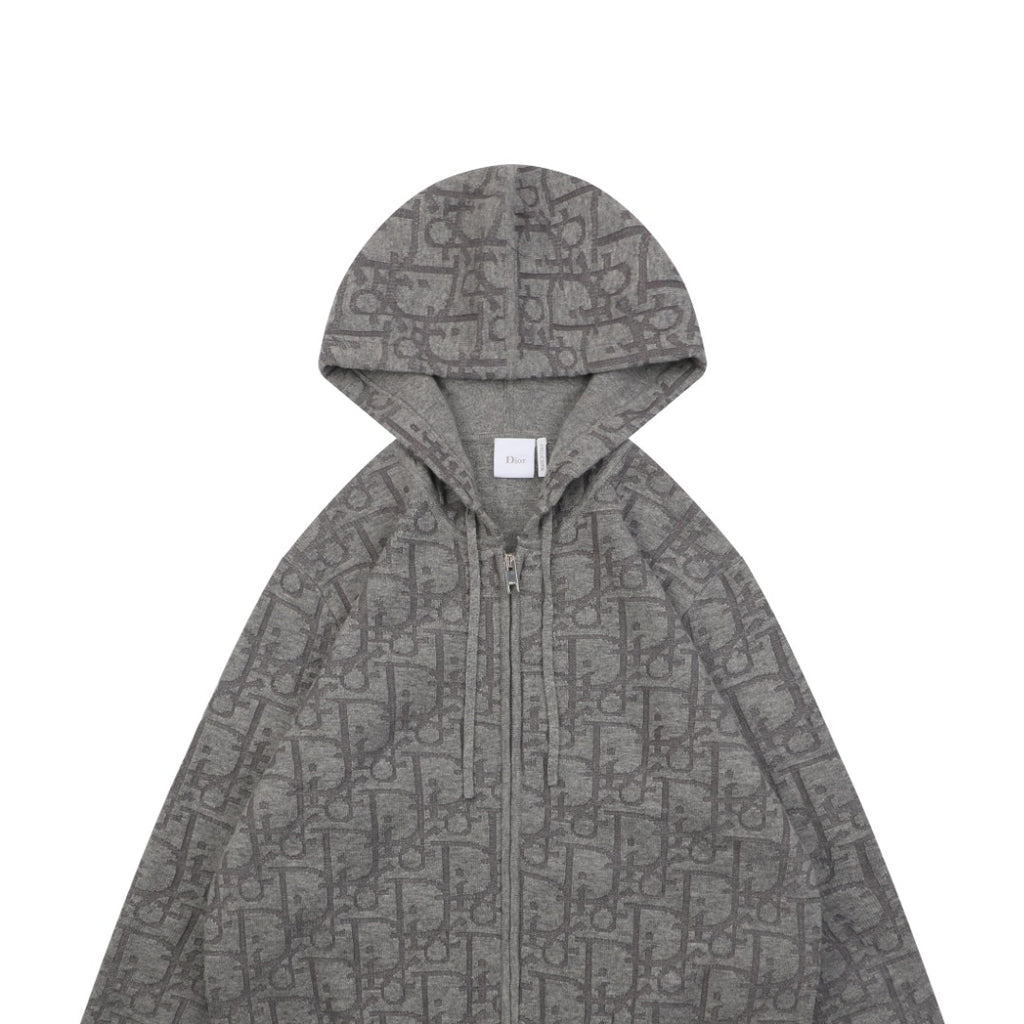 Dior All-Over Monogram Zip-Up Hooded Knit Jacket - Gray