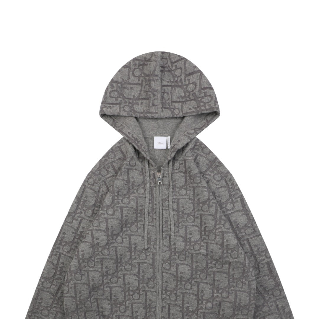 Dior All-Over Monogram Zip-Up Hooded Knit Jacket - Gray