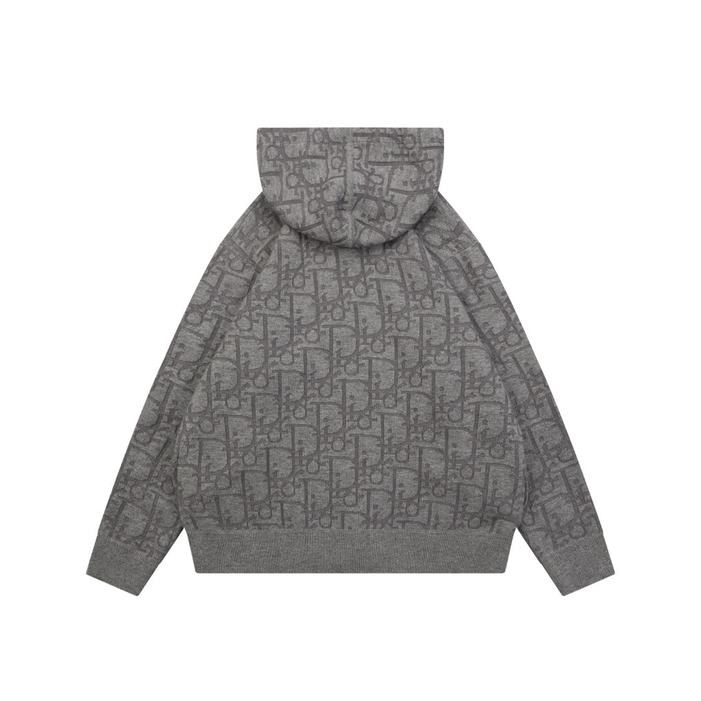 Dior All-Over Monogram Zip-Up Hooded Knit Jacket - Gray