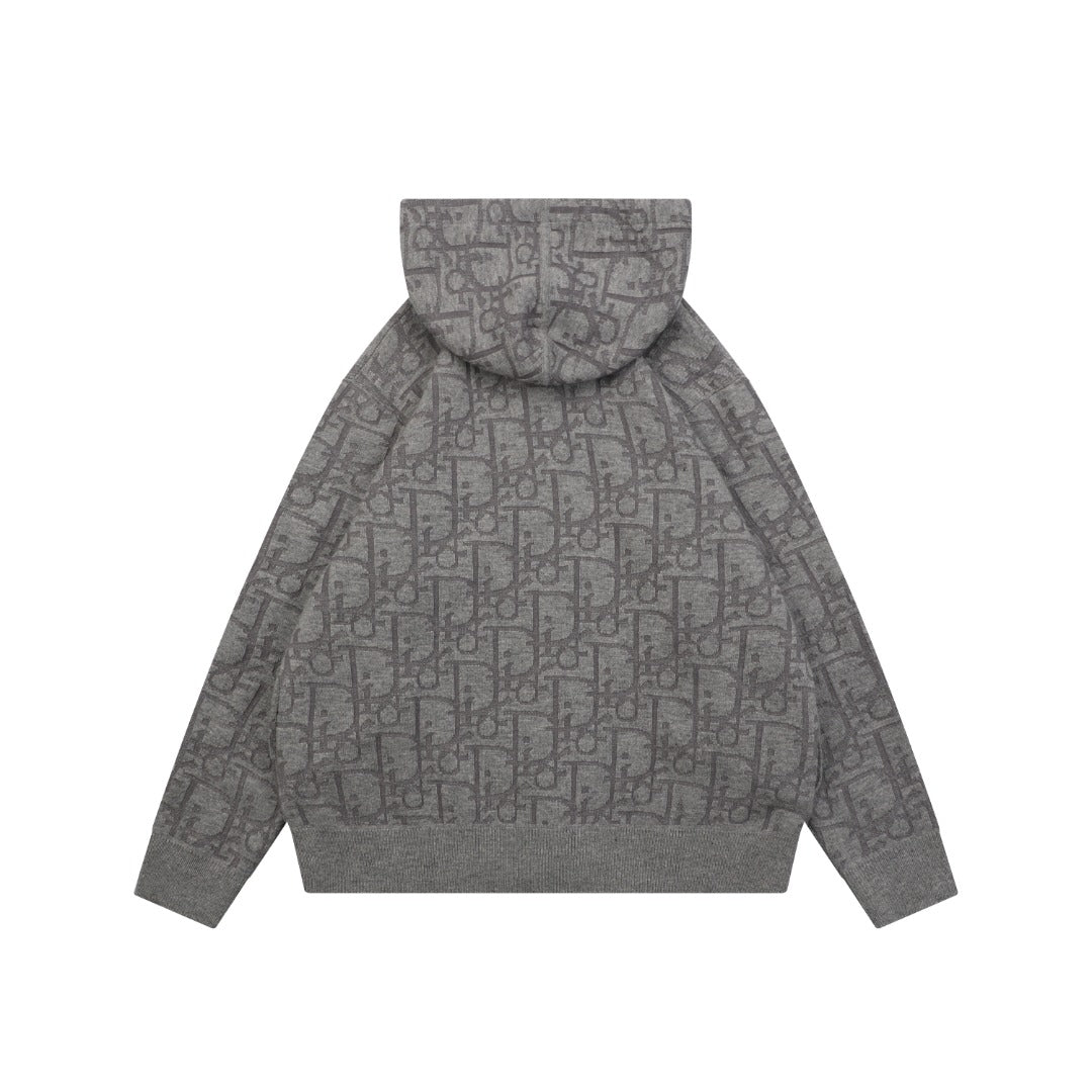Dior All-Over Monogram Zip-Up Hooded Knit Jacket - Gray